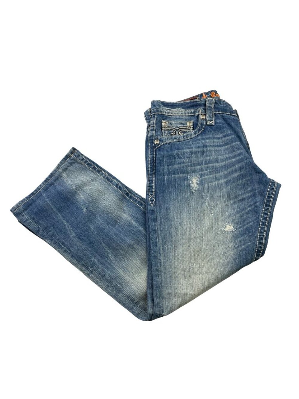 Rock Revival Menβs John Straight Leg Distressed Destroyed Jeans Blue β’ 36x32
